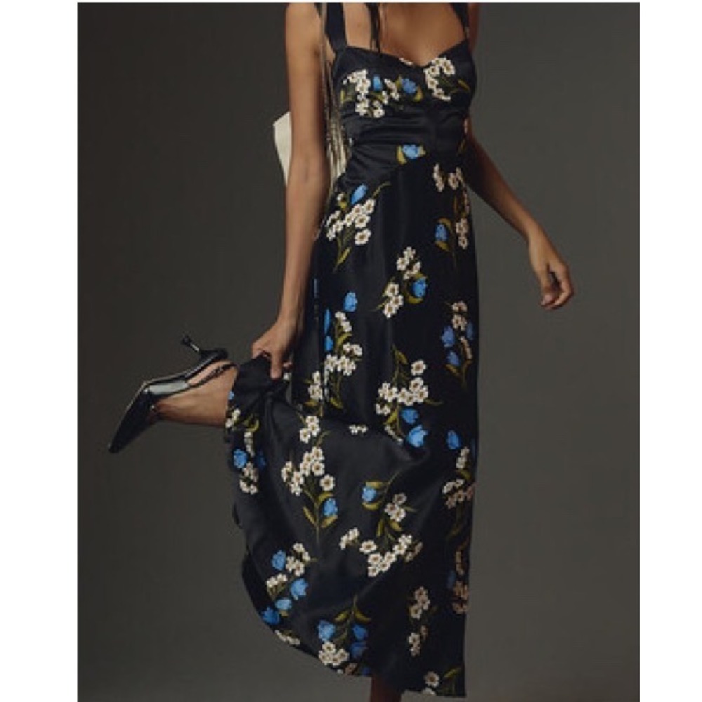 Maeve by Anthropologie Black Navy Floral Jocelyn Maxi Dress Satin Size XS